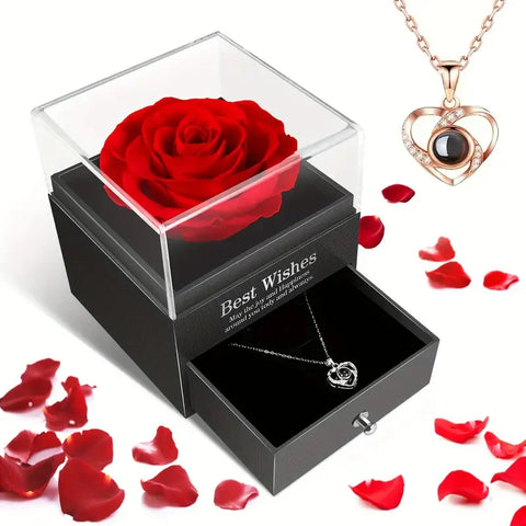 Artificial Flower Gift Box with ‘I Love You’ Necklace – Romantic & Special Occasion Gift