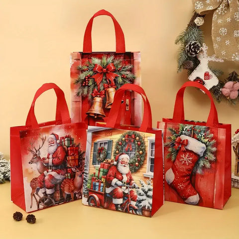 4pcs Christmas Tote Bags – Reusable Red & Green Gift Bags for Holidays, Parties & Groceries