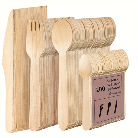 200pcs Disposable Wooden Tableware Set – Forks, Spoons & Teaspoons