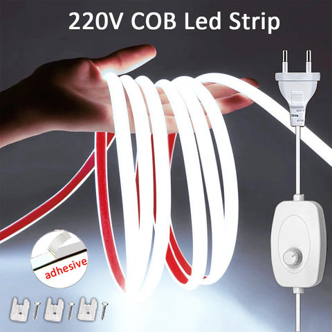 220V LED Strip Lights – Waterproof IP65 with Dimmer & Flexible Adhesive Ribbon