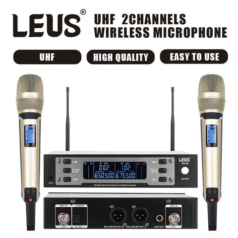 LEUS UH-20 UHF Dual Channel Wireless Microphone – Metal Karaoke & Stage Performance System